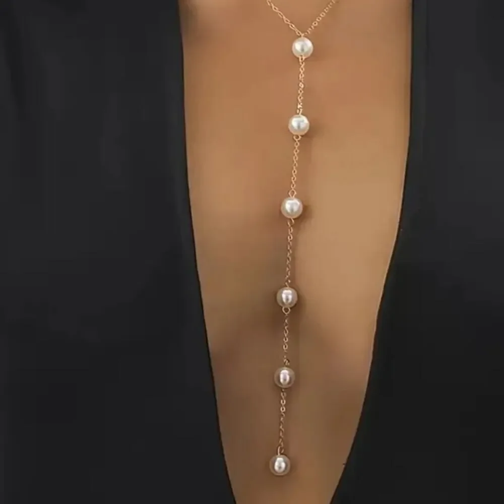 Pearl Y Shaped Necklace Long Pendant Dainty Pearl Drop Silvery or Golden Chain - Picture 4 of 13